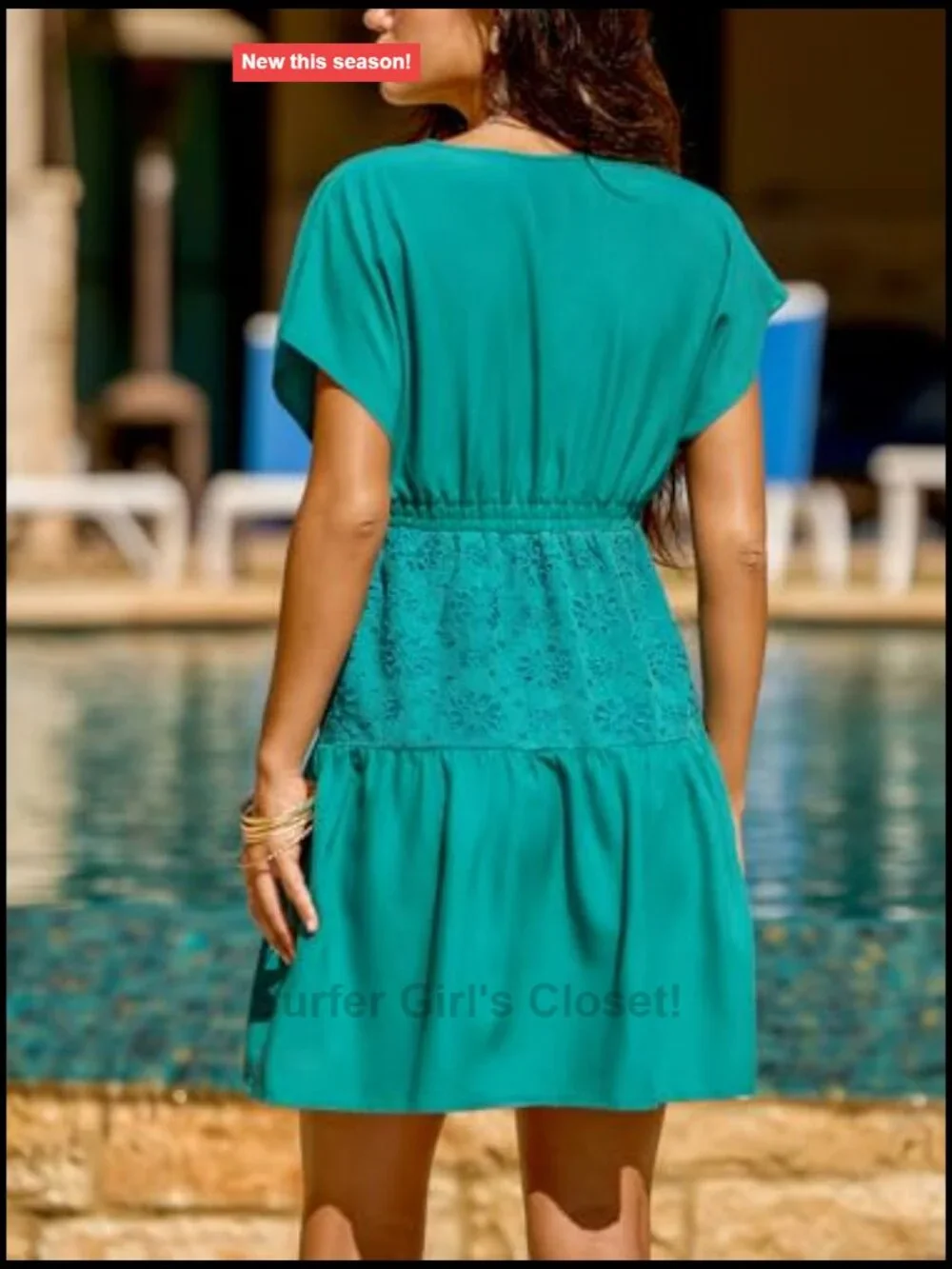 V-Neck Mini Dress with Lace Embroidery and Elastic Waist